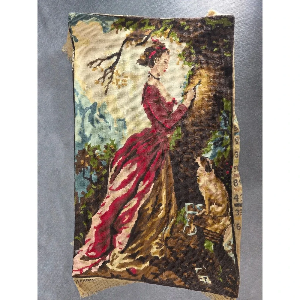 Vintage Greek Needlepoint Tapestry Victorian Woman Red Dress Textile Art 48x33